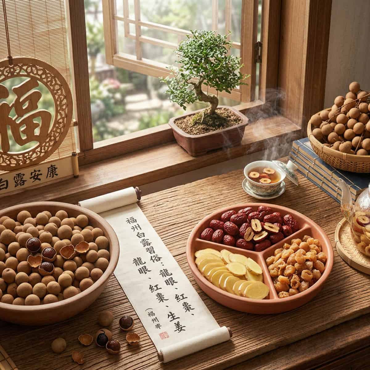 Dried longan red dates and fresh ginger arranged for the Fuzhou White Dew longan eating custom