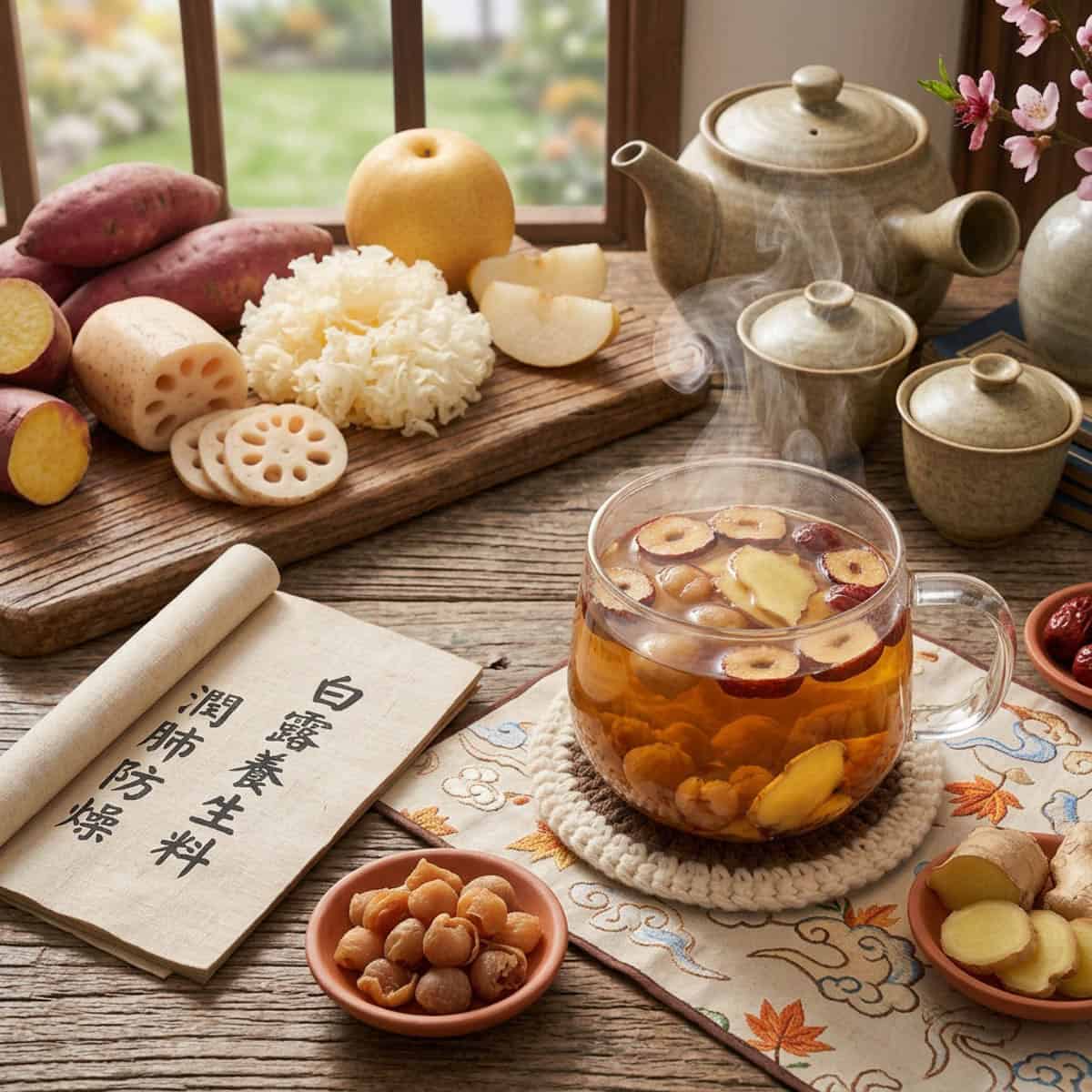White Dew longan red date and ginger tea steaming in glass cup