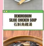 Tall pink recipe graphic showing dried soup ingredients on a white plate above a framed soup title, with a prepared ingredient packet below and NOMSS branding.