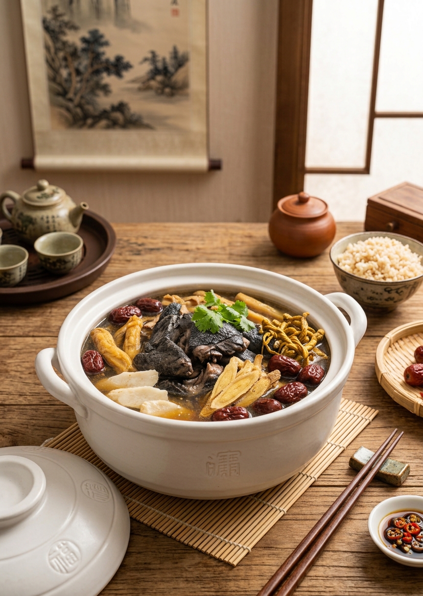 A white ceramic claypot filled with simmering Silkie black chicken soup on a bamboo mat atop a rustic wooden table, surrounded by Chinese herbs including red dates, sliced astragalus, codonopsis, and dendrobium, set in a traditional tearoom aesthetic.