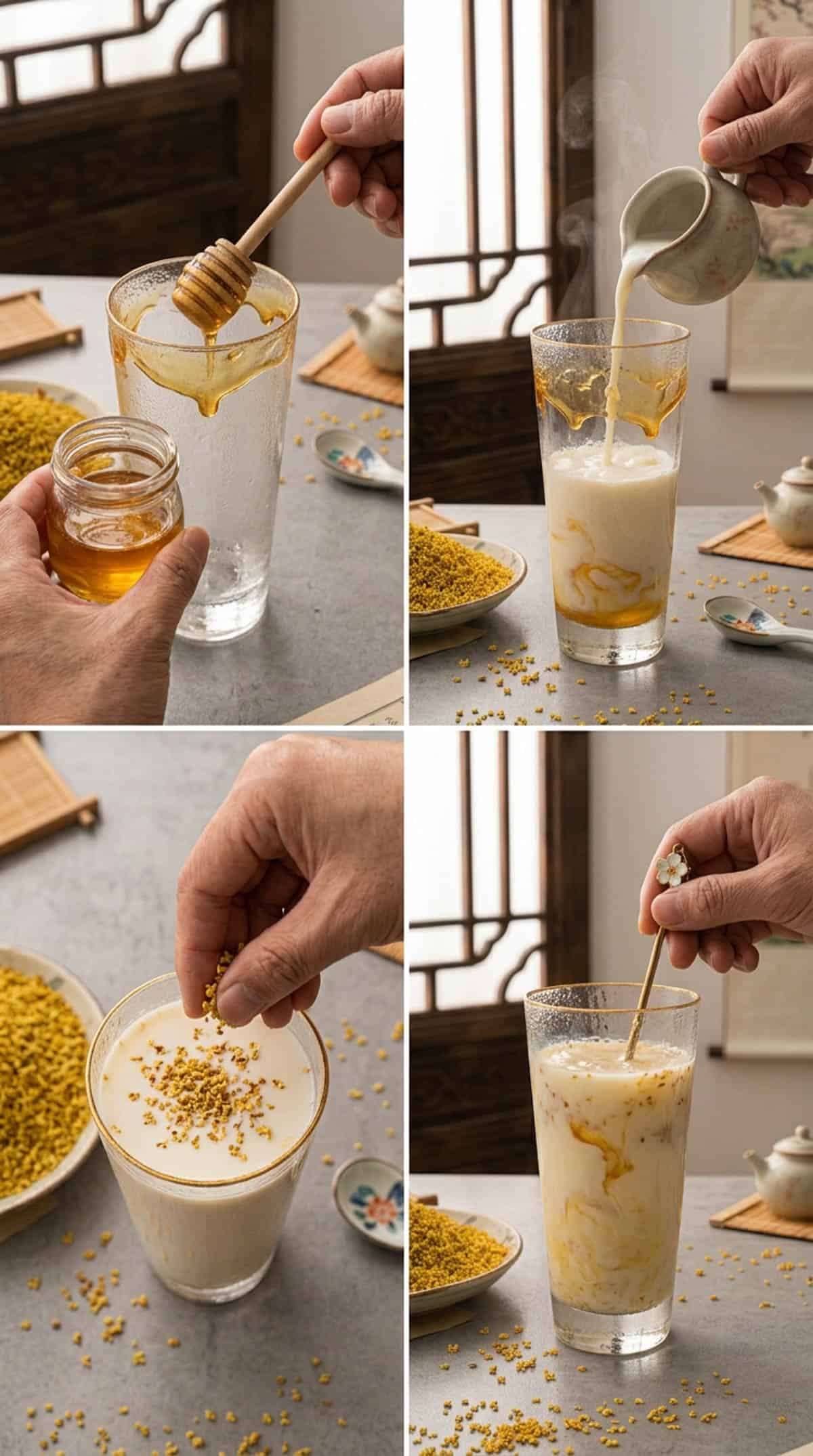 Three-step process for osmanthus honey milk 桂花牛奶: osmanthus honey spread inside a glass, warm milk being poured in, and dried osmanthus sprinkled on top, inspired by The Early Spring cdrama, nomss.com